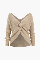 Solid Knit Backless V-Neck Twist Knot Long-Sleeve Top